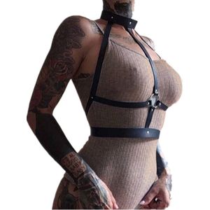 Nooitmeersaai - Harnas Vrouw - Leer - Met Halsband en Buikband - Zwart - BDSM - Bondage Harnas