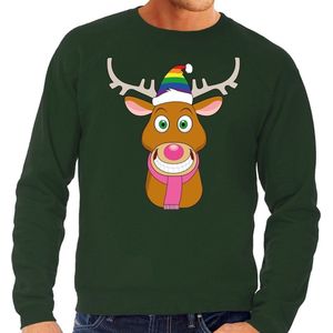 Foute kersttrui / sweater Gay Ruldolf met regenboog muts en roze sjaal groen voor heren - Kersttruien S