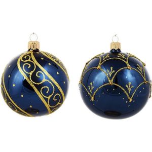 Chique Blauwe Glanzende Kerstballen met Luxe Gouden Decoratie - Doosje van Zes kerstballen van 8 cm