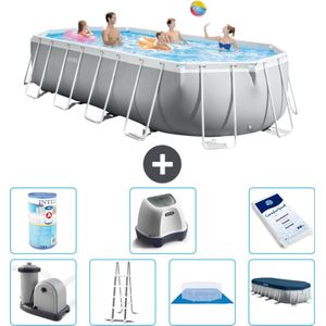 Intex Ovaal Prism Frame Zwembad - 610 x 305 x 122 cm - Grijs - Inclusief Pomp - Ladder - Grondzeil - Afdekzeil Filter - Zoutwatersysteem - Zwembadzout