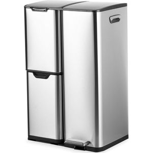 Bayt Prullenbak - Prullenbak 60 Liter - Vuilnisbak 60 Liter - Pedaalemmer 60 Liter - Prullenbak Afvalscheiding - Prullenbak 3 Vakken - Afvalbak - RVS - Zilver