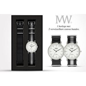 Horlogeset Meyewatch Flat Style Silver incl. 2 canvas banden. zwart + zwart-grijs