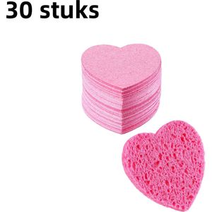 30-pack - Gezichtsspons van houtpulpkatoen - Hartvormig - Natuurlijk gecomprimeerd - Biologisch afbreekbaar - Gezichtsreinigingsspons - Roze