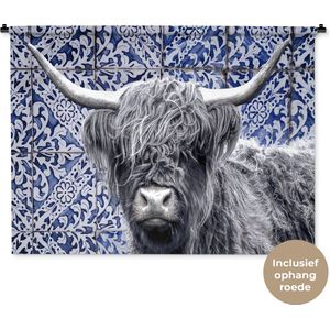 Wandkleed - Wanddoek - Schotse hooglander - Delfts blauw - Zwart - Wit - 120x90 cm - Wandtapijt