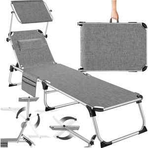tectake® Ligbed Aurelie met zonneluifel en hoofdkussen - Ligstoel - Zonnebed - Opklapbare balkonligstoel van aluminium - Weerbestendige tuinligstoel voor tuin, balkon, camping en strand - Verstelbare rugleuning met kussen - Grijs