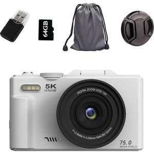 Digitale camera - Mini 5K 75MP digitale camera's met 64G SD-kaart, 3,0 inch compactcamera, 180° 18x zoom digitale camera, fotocamera voor kinderen, tieners en beginners