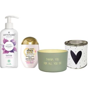 Attitude Cadeauset Bedankt - Attitude Super Leaves Handzeep Witte Thee - Treaclemoon Handcreme Shea Butter - Kaars thank you for all you do - Snoepblikje Hart