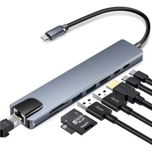 USB C Hub Multiport Adapter, 8-in-1 USB C Dongle met 4K HDMI, RJ45 Ethernet, 100W PD Opladen, USB 3.0, SD/TF Kaartlezer, USB-C Docking Station, Geschikt voor MacBook Pro/Air, Dell, HP en andere Type-C Apparaten