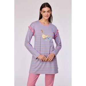 Woody pyjama dames - blauw/roze gestreept - kat - 252-10-BLB-S/911 - maat S