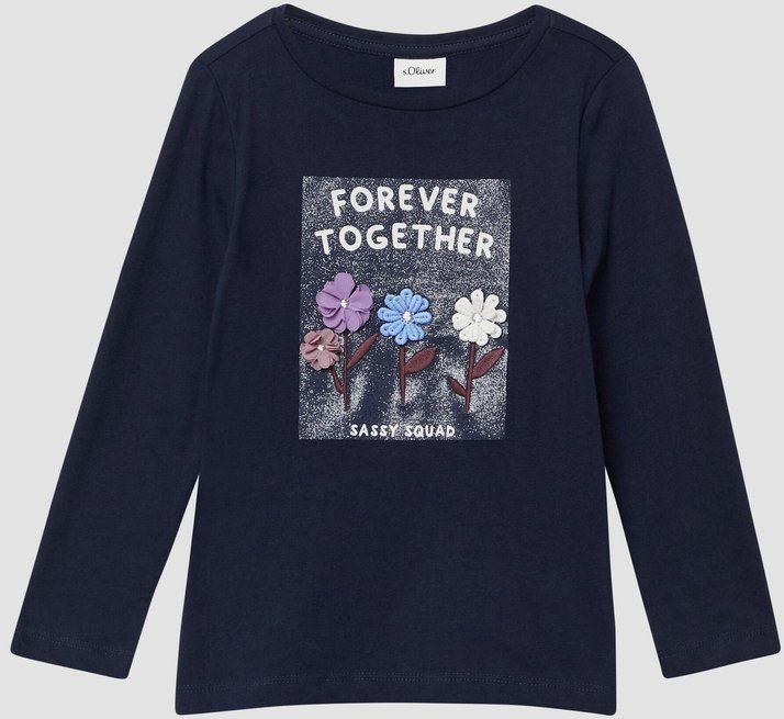 T-shirt - A-lijn - Lange Mouwen - Glitterprint - 3D Bloemenapplicaties