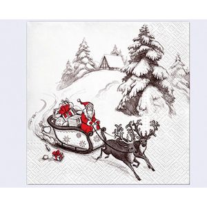 Luxe Kerst thema servetten - Kerstman op slee - 33 x 33 cm - Set 2 x 20 stuks - Papieren kerstservetten - Papieren wegwerpservetten - 3-laags