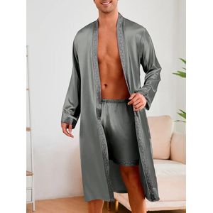 ochtendjas badjas grijs zilver pyjama satijn heren nachtkleding goedkoop huispak comfort mannen glans elastisch lange mouwen korte broek
