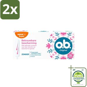 o.b. Tampons - Original Super - Gebogen Groeven - Voor Betrouwbare Bescherming - 16 Tampons - Voordeelverpakking - 2 stuks - Menstruatieschijfjes - Tampons