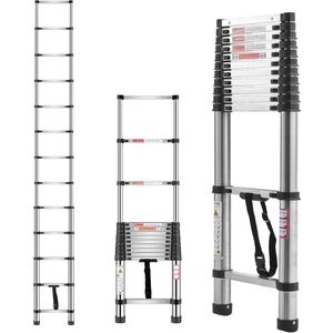 De Warenloods - Telescoopladder - Telescopische Ladder - 3.8 Meter - RVS - Anti Slip - Draaggewicht tot 170 kg