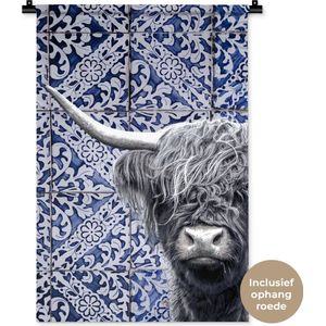 Wandkleed - Wanddoek - Delfts blauw - Schotse hooglander - Zwart - Wit - 60x90 cm - Wandtapijt