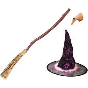 Halloween - Heksen verkleed accessoire set voor kinderen - heksenhoed - heksenneus - bezem