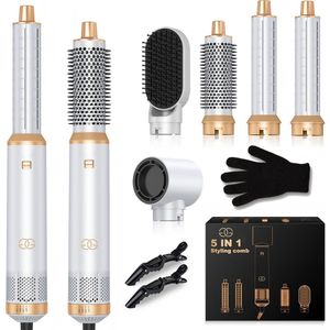 Golden Goods Fohnborstel 5-in-1 – Airstyler - Multistyler - Stijltang & Krultang in één – Krulborstel met 5 Opzetstukken – Fohnborstel - Föhn met 3 Warmtestanden tot 100ºC– Nieuwste 2025 Model – Incl. Haarclips & Handschoen