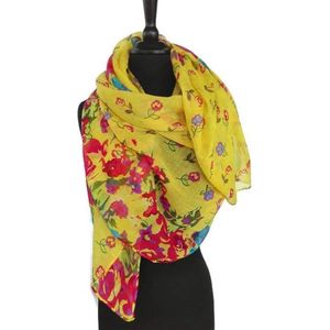 Gele dames sjaal met bonte bloemen - 75 x 170 cm