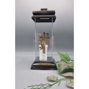 Herdenkingslicht - L-50d - Lantaren - Kruis - Handen - Goud - Spiegel - Windlicht - Graflicht - Graflantaarn - Grafdecoratie