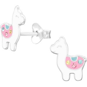 Joy|S - Zilveren alpaca lama oorbellen - 8 x 10 mm - wit roze - kristal - kinderoorbellen