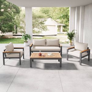 Sweiko 4-Delige Tuinset - Tafel - Bank - 2 Stoelen - Gegalvaniseerd stalen frame - Beige