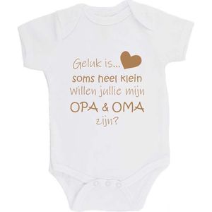 100% katoenen Romper Zwangerschap Aankondiging 2.0 ""Geluk is soms heel klein willen jullie mijn OPA & OMA zijn?"" Unisex Katoen Wit/cappuccino Maat 56/62