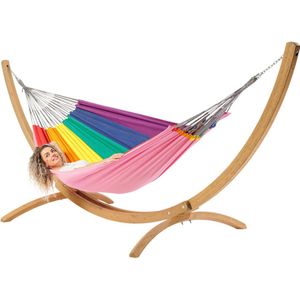 Luilak 2 persoons hangmat met houten standaard - 100% Katoen - 350x160cm - 160kg draagkracht - binnen & buiten - Roze