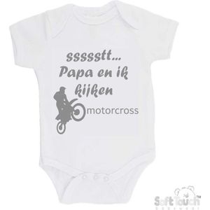 100% katoenen Romper ""ssssstt... Papa en ik kijken motorcross"" Unisex Katoen Wit/grijs Maat 56/62