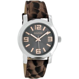 OOZOO Timepieces - Zilverkleurige horloge met bruine leren band - C7129