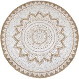 The Living Store Jute Tapijt - Ronde 210 cm - Bruin en wit - Handgemaakt - Mandala print