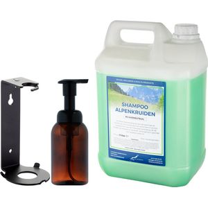 Zeepdispenser 300 ml amber bruin hervulbaar + 5 liter Shampoo Alpenkruiden navulling (inclusief beugel)