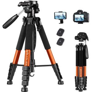 182 cm aluminium camerastatief, licht en compact reisstatief voor DSLR met 3-weg draaibare 360° panorama kogelkop en telefoonhouder, kan voor YouTube, vlog en videoconferenties - oranje