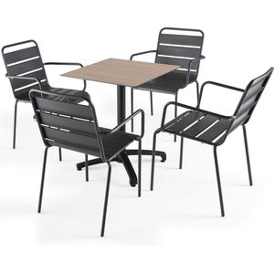 Oviala - Set van een licht eiken gelamineerde tuinset en 4 grijze fauteuils