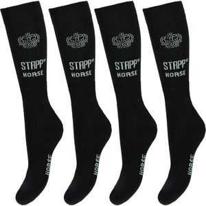 STAPP Horse Paardrijsokken Kroon Strass - 4 paar Ruitersokken - Zwart / Zilver - Maat 35/38