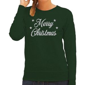 Foute Kersttrui / sweater - Merry Christmas - zilver / glitter - groen - dames - kerstkleding / kerst outfit XS