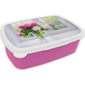 Broodtrommel Roze - Lunchbox - Brooddoos - Bloemen - Pioenrozen - Vaas - 18x12x6 cm - Kinderen - Meisje
