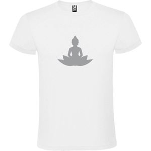 Wit T shirt met print van "" Boeddha  op lotusbloem "" print Zilver size XS