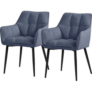 ML-Design eetkamerstoelen set van 2 in badstof, blauw, keukenstoel met dikke gestoffeerde zitting & metalen poten, woonkamerstoel met rugleuning en armleuningen, ergonomische loungestoel