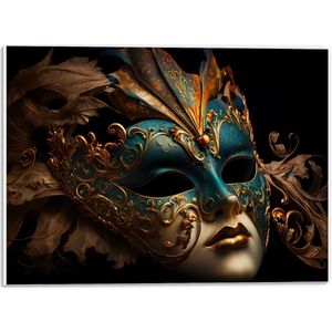 PVC Schuimplaat - Venetiaanse carnavals Masker met Blauwe en Gouden Details tegen Zwarte Achtergrond - 40x30 cm Foto op PVC Schuimplaat (Met Ophangsysteem)