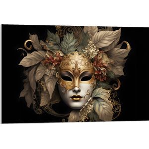 PVC Schuimplaat- Venetiaanse carnavals Masker met Gouden en Beige Details tegen Zwarte Achtergrond - 90x60 cm Foto op PVC Schuimplaat