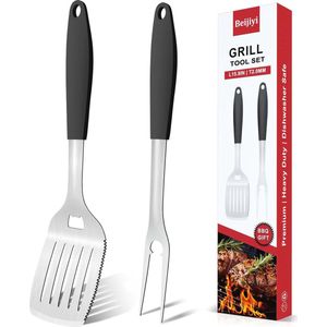 BBQ Gereedschap Set - RVS Grill Spatel en Vork met Siliconen Handvat - Perfect voor Outdoor Barbecue
