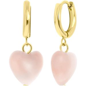 Lucardi Dames Goldplated oorbellen met hartje rozenkwarts - Oorbellen - Cadeau - Staal - Goudkleurig