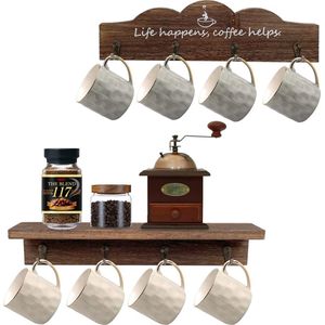 Koffiebekerhouder Hout met 8 Haken voor Koffie- en Theekopjes, Set van 2 voor Keuken en Bar