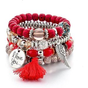 ‘I love you’ armband – Rood – Handgemaakte bedelarmband – Boho armband – Vriendschapsarmband – Kralenarmband – Ibiza armband – 4-laags – Boho chique