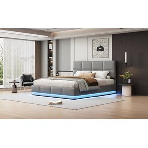 Gestoffeerd bed 180x200 cm met LED-verlichting & hydraulisch hefbare bedopbergruimte, bedbox & lattenbodemhoes van kunstleer tweepersoonsbed volwassen jeugdbed Lichtgrijs