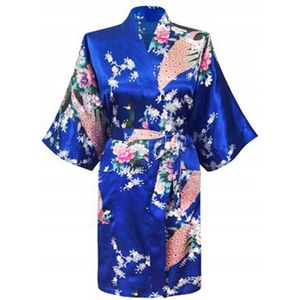 KIMU® Kimono Konings Blauw Kort - Maat XS-S - Yukata Satijn Boven de Knie - Korte Blauwe Ochtendjas Japanse Kamerjas Sexy Satijnen Badjas Geisha 158 Sinterklaas Kado