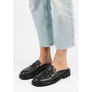 Sacha - Dames - Zwarte leren slip ons met studs - Maat 38