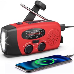 Noodradio - Radio Op Batterijen (Accu) Voor Rampen - 2000MAH - Oplaadbaar via batterij, zon, USB en opwinden - Powerbank - Zaklamp - AM/FM - Noodradio Solar Opwindbaar - Rode Noodradio - Survival radio - Lange batterijduur