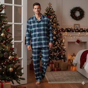 La V Flanel pyjamaset voor heren met geruit patroon Donkerblauw/Groen L