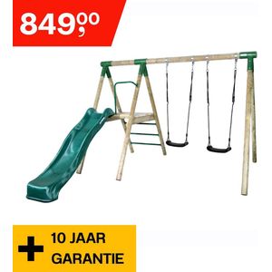 Hörby Bruk® Dubbele Schommel - Inclusief glijbaan - 2 schommelzitjes en 4 grondankers - Houten Schommel met glijbaan - Speeltoestel buiten - LxBxH 295 x 295 x 200 cm - 10 jaar garantie - 100% FSC hout